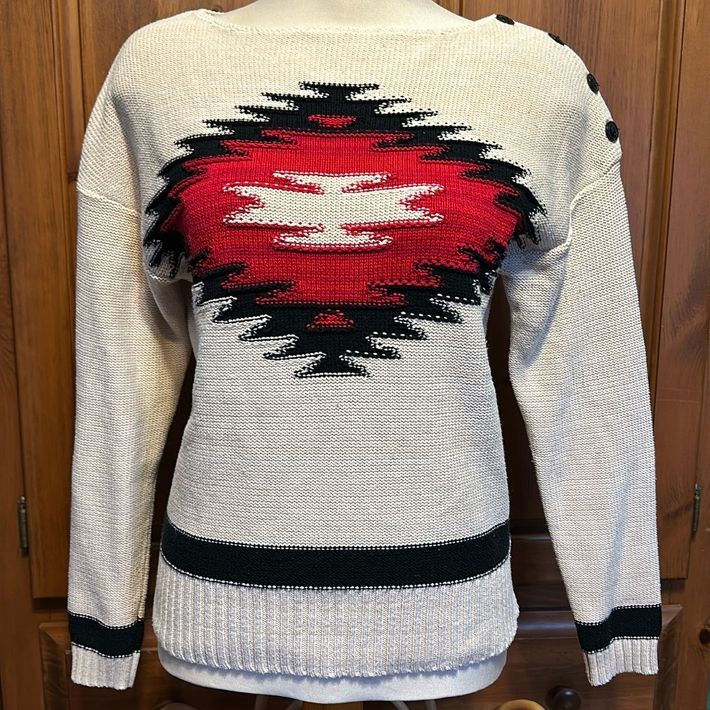 Vintage LAUREN JEANS Co Southwestern Sweater Cream Red Black Aztec Women’s - Picture 2 of 5
